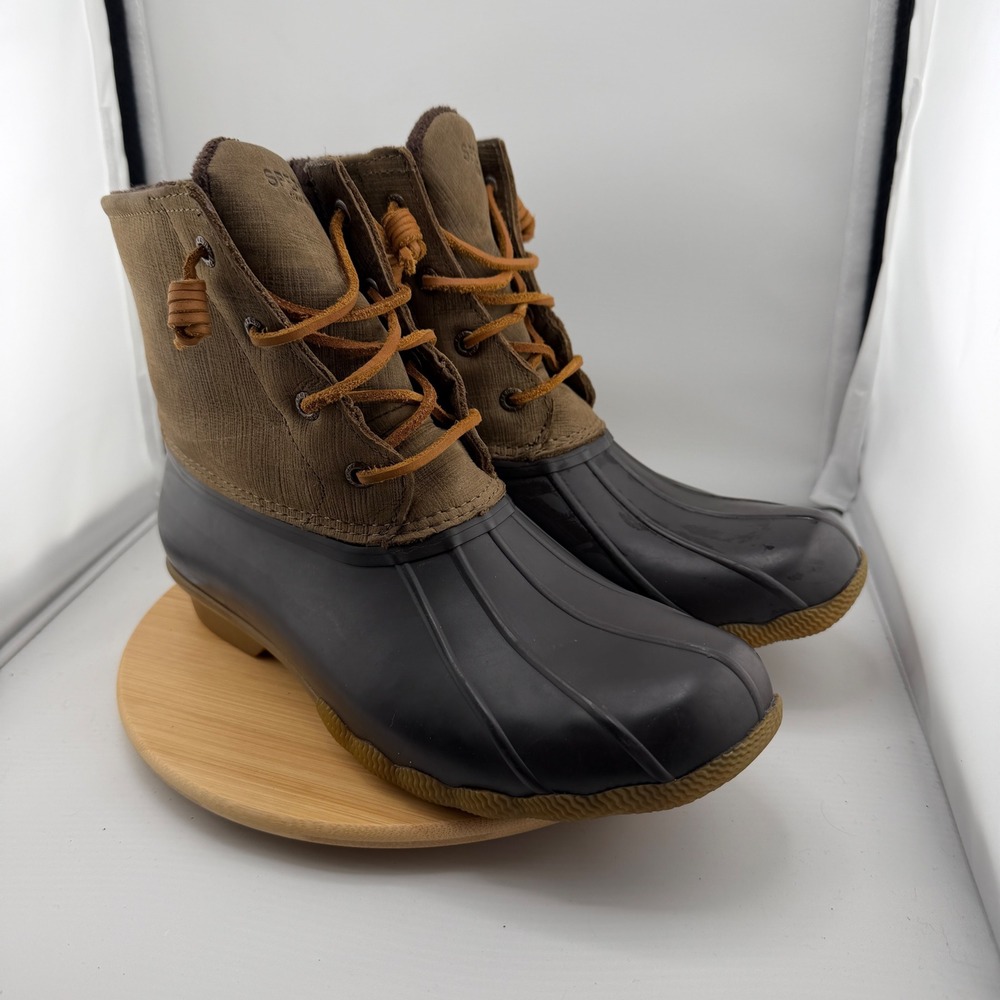Sperry Saltwater Duck Boots Womens 9 Brown Olive Canvas Waterproof STS99729